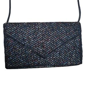 Danieli Beaded Clutch Bag VTG Black Chevron Pattern Blue Red Yellow White Beads‎